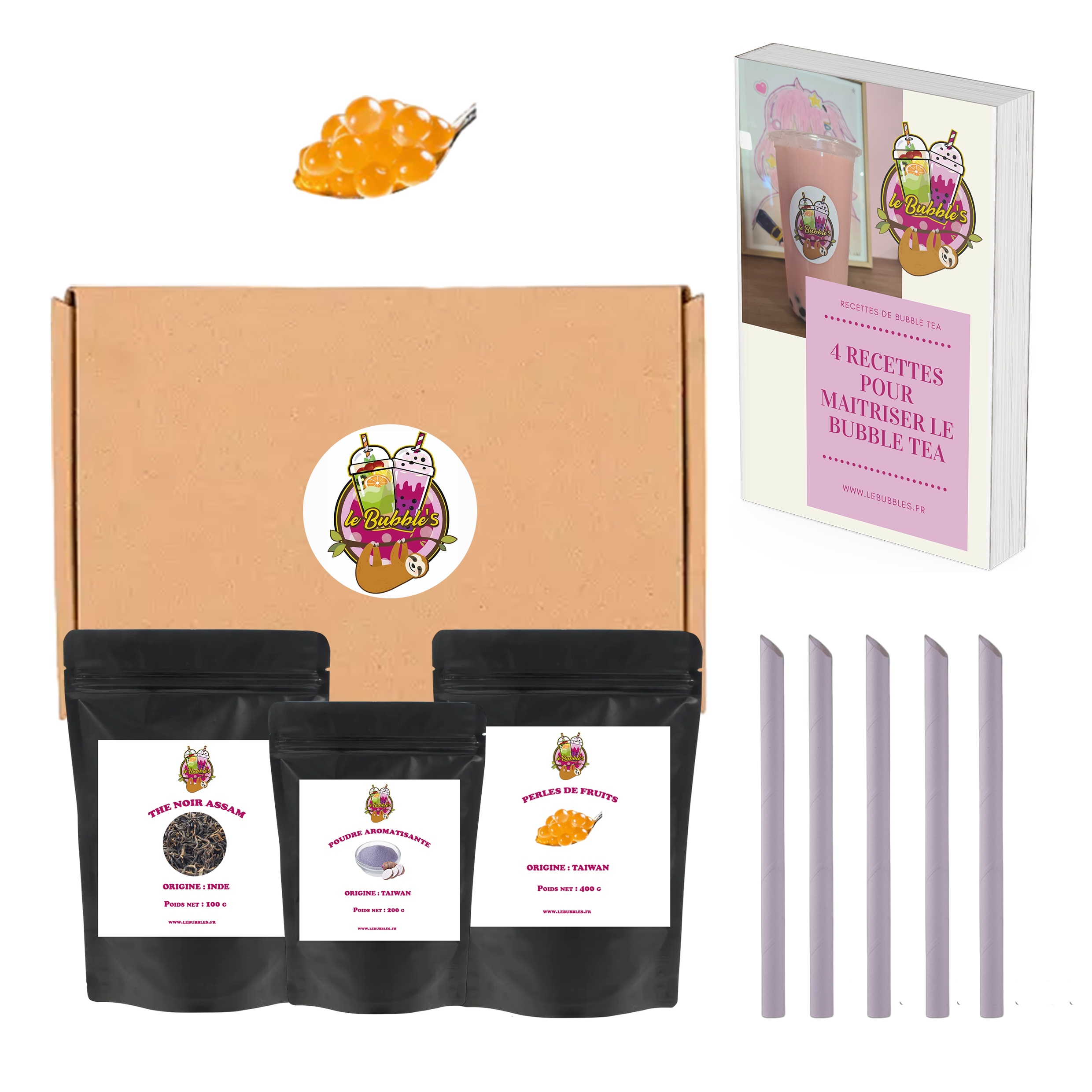 kit bubble tea poudre aromatisante et perles de fruits